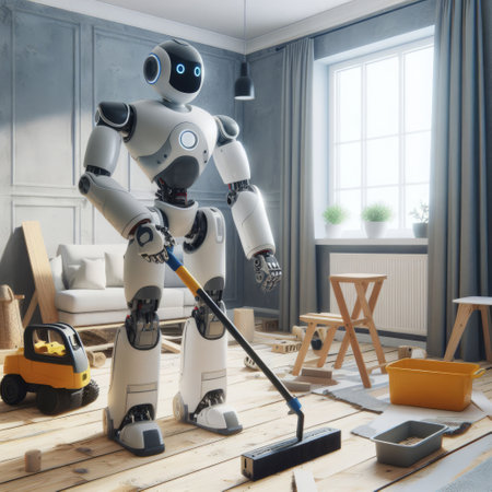 A futuristic robot with a blue face, diligently sands floor boards a modern roomの素材