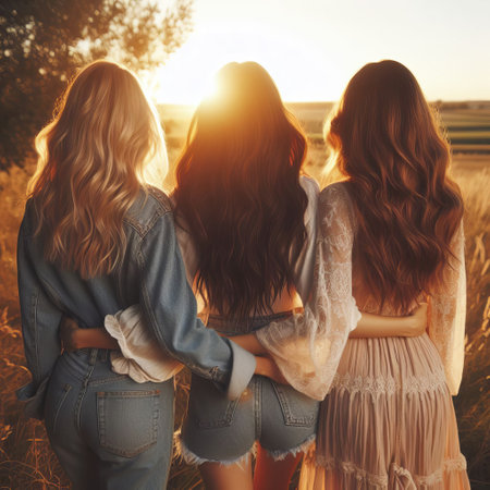 Three women in a field, holding hands, with their backs to the camera, under a golden hour sky. Female friendshipの素材