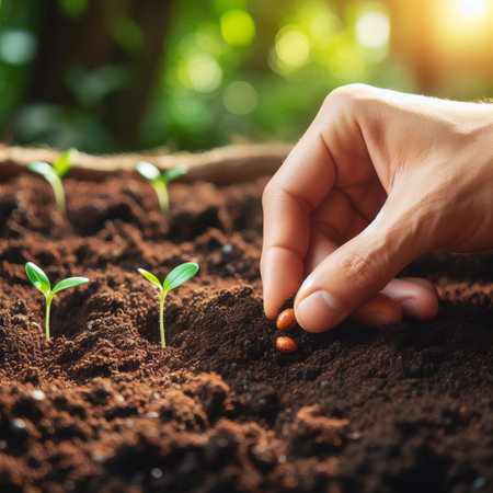 A hand planting a seed in soil with young plants growing nearby. The image is set in a garden with a blurred background of greeneryの素材