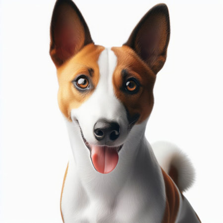 Cute Basenji dog with looking at camera and tongue out, wearing a red collarの素材