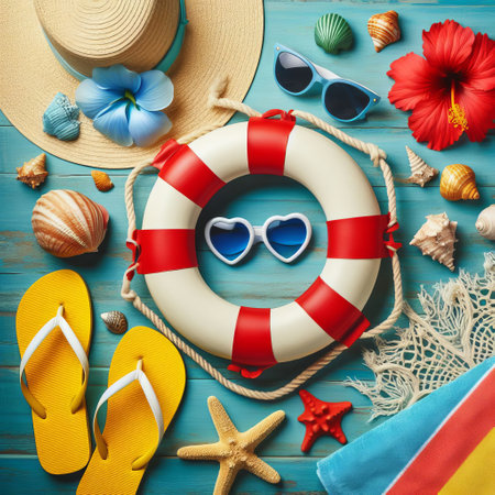 This is a flat lay image of summer beach accessories on a blue wooden background. It includes a lifebuoy, flip flops, sunglasses, hat, towel, and seashellsの素材