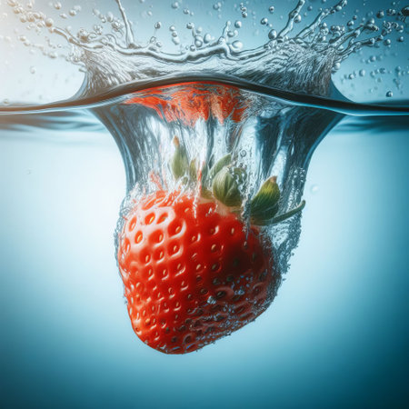 A high-resolution image of a red strawberry splashing into blue waterの素材