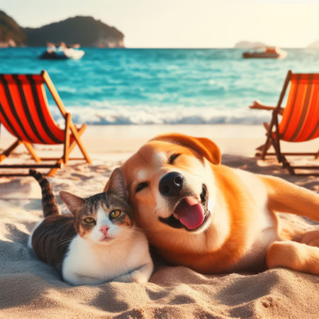 A heartwarming image of a dog and a cat enjoying a peaceful moment together on a beach, with deck chairs and a stunning ocean view in the backgroundの素材