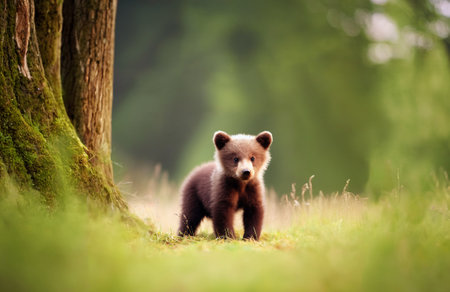 A cute bear cub stands in a lush green forest, its curious eyes gazing directly at the viewerの素材