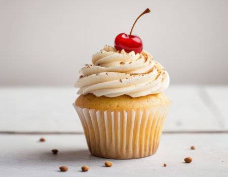 Delicious cupcake with creamy frosting, chocolate sprinkles, and a cherry on topの素材