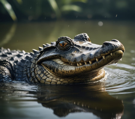 Close-up of a crocodile's head in the water, its mouth slightly open and eye visibleの素材