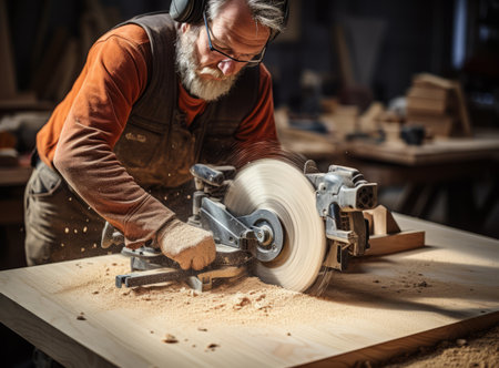 A working carpenter in a workshop using a circular saw to cut wood. The photo was taken from the side - elderly man using safety glasses and headphones. Various instruments are visible in backgroundの素材
