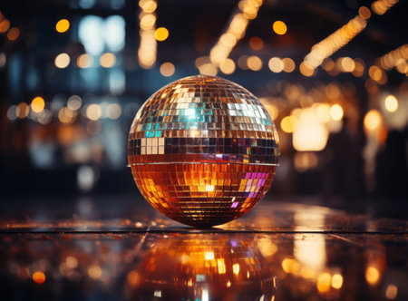 Close-up of a vibrant disco ball reflecting colorful lights in a dimly lit room, creating a lively party atmosphereの素材