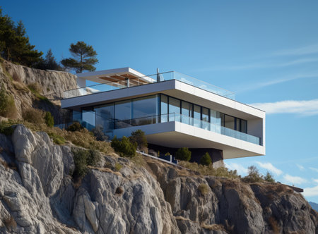 Luxury white beach house with sea or ocean view swimming pool. Modern high tech cottage on the mountain above the cliff into the abyss. Contemporary holiday villa exterior against background of skyの素材