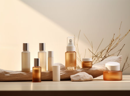 Aromatherapy and skincare concept. Cosmetic jars and dispensers with eco cosmetics on a stone tray on a light background with plant. Showcase stand for advertising and product presentation. Copy space.の素材
