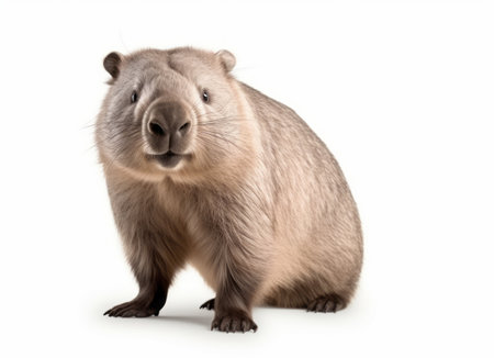 Cute brown rodent - wombat, standing alert against a white background, showing its detailed furの素材