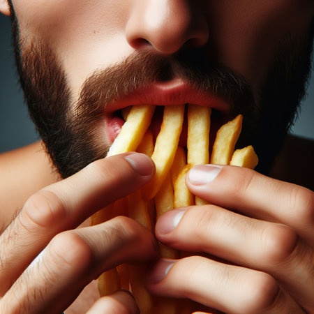 A person indulging in crispy golden French fries. The fries are held close to the mouth and appear deliciousの素材