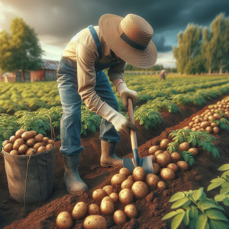 A farmer collects fresh potatoes in a field at sunset. Baskets with already selected potatoes are visibleの素材