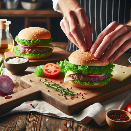 A chef assembling fresh burgers with various toppings on a wooden boardの素材