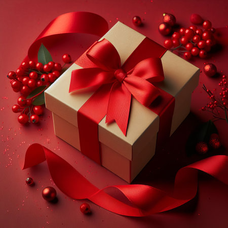 A holiday gift box with a red ribbon tied in a bow at the top. The gift box is placed on a red background, which enhances the holiday atmosphereの素材