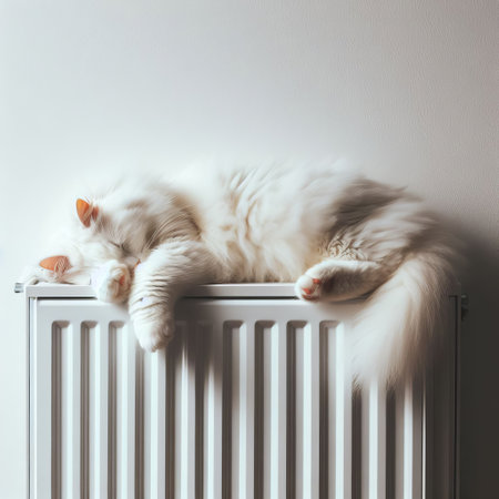A fluffy white cat sleeping on a warm radiator in soft lightの素材