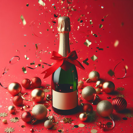 A festive bottle of champagne with a red bow, surrounded by Christmas ornaments and confetti on a vibrant red backgroundの素材