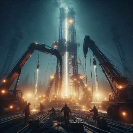 Dramatic image of an oil drilling rig at night, with workers and machinery in the foreground, under bright lightsの素材