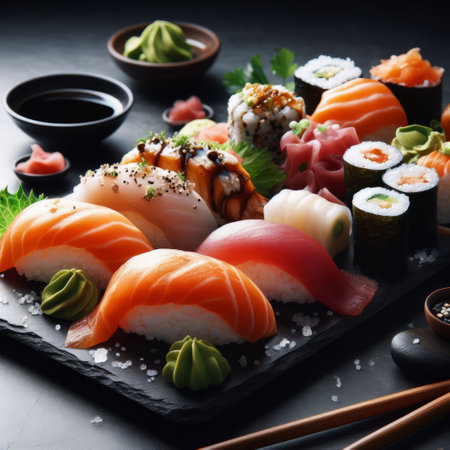 An enticing variety of sushi displayed on a black slate plate, accompanied by chopsticks and soy sauce, set against a dark backgroundの素材