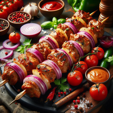 Grilled kebabs with vegetables and spices on a dark, rustic background. The kebabs are well-grilled and surrounded by various ingredients like tomatoes on the vine and green peppersの素材