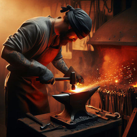 Tattooed young blacksmith in a bandana working at an anvil in a forgeの素材