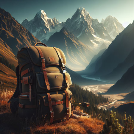 Travel backpack on a grassy hill overlooking a mountain range and river valley, with a warm, dreamy color paletteの素材