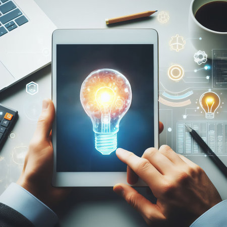 Businessman hands holding a tablet displaying a glowing light bulb, symbolizing idea or innovation, amidst a tech-infused environmentの素材