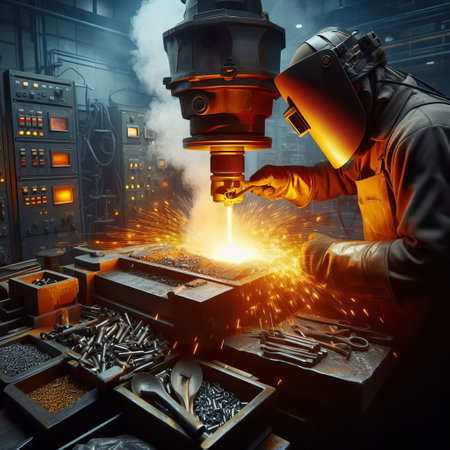 A welder in protective gear is diligently working with a welding machine in a factory, with sparks flying from the metal piece he's working onの素材