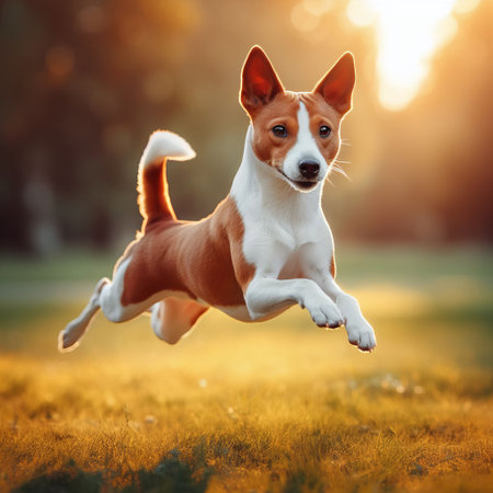A joyful dog leaps in the air against a sunset backdrop in a park, embodying the spirit of freedom and playfulnessの素材