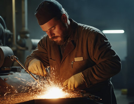 Skilled worker man in a dim workshop, welding metal with sparks flying, creating a bright lightの素材