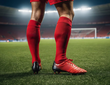 Close-up of a soccer player's feet on the field, poised in red cleats under stadium lightsの素材