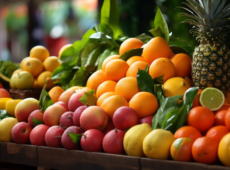 A vibrant display of various fresh fruits at a market. Oranges are the most prominent fruit in the image they are bright and ripe. A single pineapple is seen amidst the oranges adding to the varietyの素材