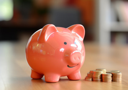 A shiny pink piggy bank with a smiling face placed on a wooden surface. To the right of the piggy bank is a neat stack of golden coins reflecting lightの素材