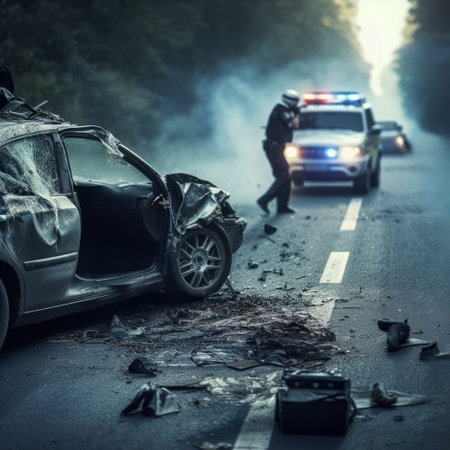 A car accident scene on a highway, with a heavily damaged vehicle and debris scattered around, and a police officer in the backgroundの素材