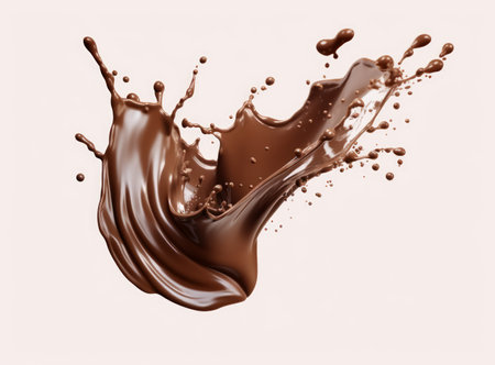 Detail dynamic splash of chocolate in mid-air, , frozen in time against and isolated on light backgroundの素材
