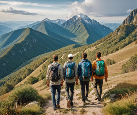 Four hikers trekking a mountain trail, with majestic peaks and blue sky in the backgroundの素材