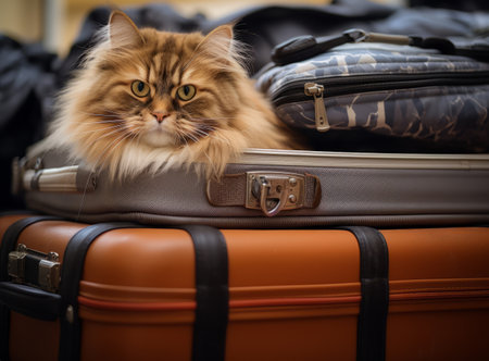Close up of a long-haired, orange and white cat resting on a pile of multi-colored suitcasesの素材