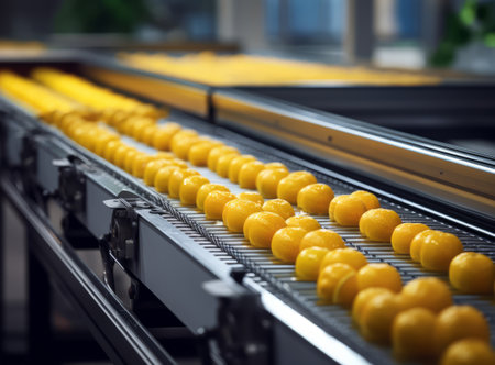 Rows of fresh peeled oranges for juice on a conveyor belt in a modern factory, ready for processing and packagingの素材