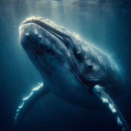 A blue whale swimming in the ocean with bubbles and light rays shining through the waterの素材