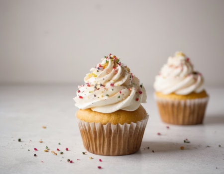 Two vanilla cupcakes with white frosting and rainbow sprinkles on a white backgroundの素材