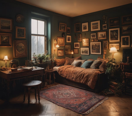 A cozy, vintage-style living room filled with antique furniture, paintings, and plantsの素材