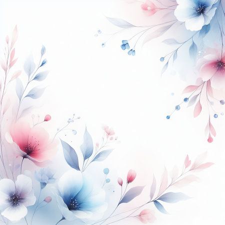 This is a beautiful floral artwork with soft pastel flowers and leaves, perfect for wedding invitations or spring themesの素材