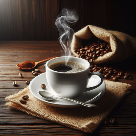 A steaming cup of coffee on a rustic wooden table with a burlap sack of coffee beans and a spoon of ground coffee beside itの素材
