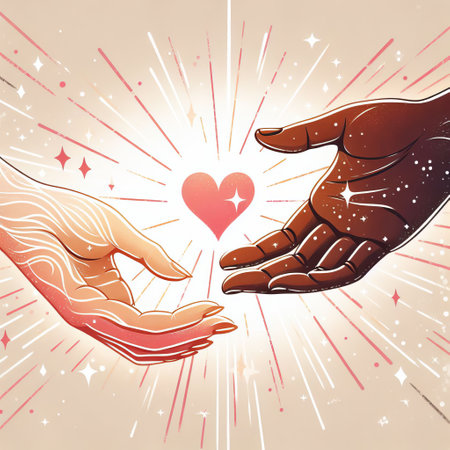 This is an illustration of two hands reaching towards each other with a glowing heart between them, symbolizing unity and loveの素材
