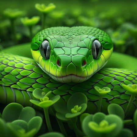 A vibrant green snake amidst lush clover, showing its detailed scales and intense gaze. The snake's intricate scale pattern and mesmerizing look are captured in this macro photographの素材
