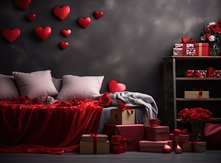Home decor for valentine's day with gift boxes, red roses and pink pillows on bed. Cozy Valentine interior room with paper hearts on concrete wallの素材