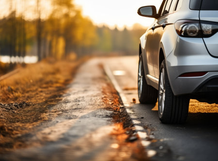 Closeup of a crossover SUV on a road in the autumn with fallen leaves. Car on asphalt roadway in the rays of the setting sunの素材
