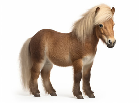 Beautiful brown pony with a flowing blonde mane, standing gracefully against a white backgroundの素材