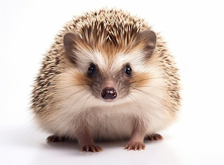 Close-up of a cute hedgehog, front view, isolated on a white backgroundの素材