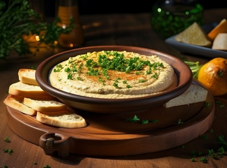 Close-up of hummus in a clay plate with parsley and croutons. Dishes of chickpeas on wooden board. Vegetarian healthy dishの素材
